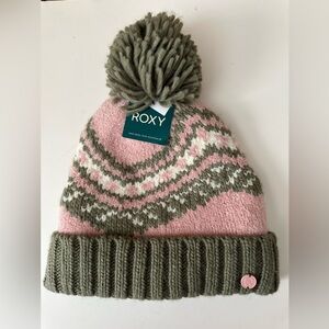 Roxy Olive and Pink Knit Beanie with Pom-Pom